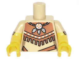 Torso Female Outline Tribal Dress with Fringe and Necklace with 3 Feathers Pattern / Yellow Arms with Tan Short Sleeves with Fringe Pattern / Yellow Hands