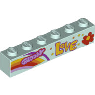 Lego Brick 1 x 6 with 'GROOVY', 'LOVE', Rainbow and Flower Print / Light Aqua