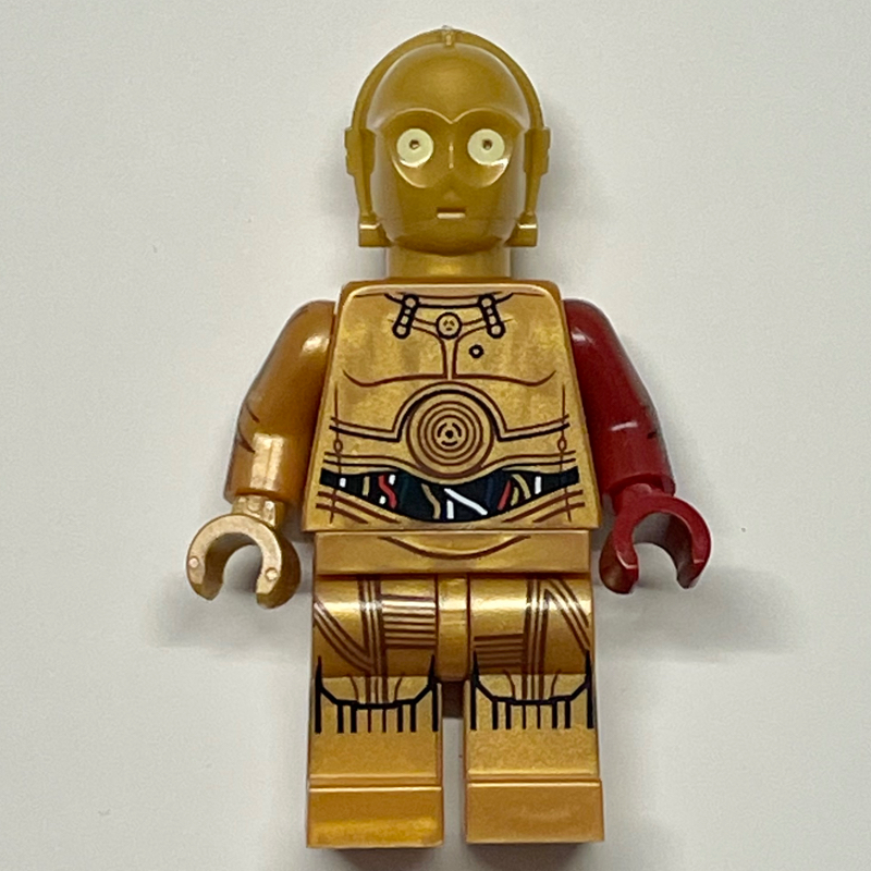 Lego C-3PO, Pearl Gold, Colorful Wires, Printed Legs, Dark Red Left Arm