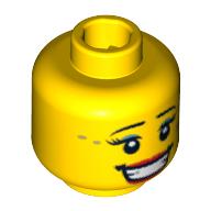 Lego Minifig Head Ice Skater, Thin Eyebrows, Eyelashes with Light Blue Mascara, Open Mouth Smile with Teeth and Red Lips, Gray Star Print [Blocked Open Stud] / Yellow