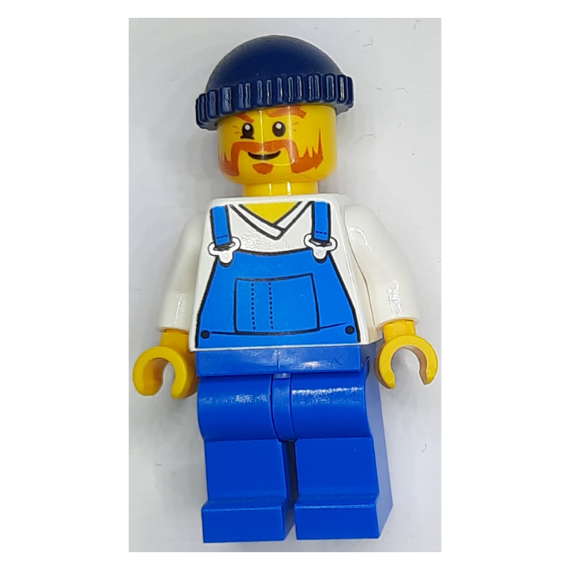 Lego Man, Blue Overalls over Shirt, Blue Legs, Dark Blue Hat, Beard