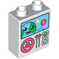 Lego Duplo Brick 1 x 2 x 2 with Bottom Tube, Steering Wheel, Lever, Buttons, Monitor with Smiling Earth Print / White