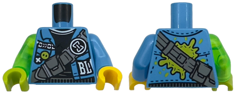Lego Torso Jacket Open, White 'BL', Black Sweater, Dark Bluish Gray Strap with Pouches, Hourglass Buckle Pattern / Dark Azure Arm Left / Trans-Bright Green Arm Right / Yellow Hand Left / Lime Hand Right