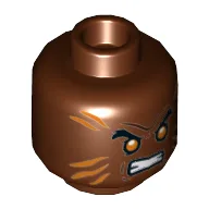 Minifig Head Bronze Tiger, Orange Stripes, Eyebrows, Orange Eyes, Clenched Teeth Print / Reddish Brown