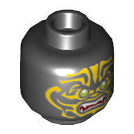 Lego Minifig Head Scout, Olive Green Eyes, Sharp Teeth, Fangs, Red Mouth, Yellow Tribal Tattoos Print / Black