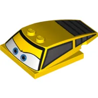 Brick Wedged, Curved 6 x 4 x 1 1/3 with 4 x 4 Base with Blue Eyes, Windows and Rear Grille Print (Jeff Gorvette) / Yellow