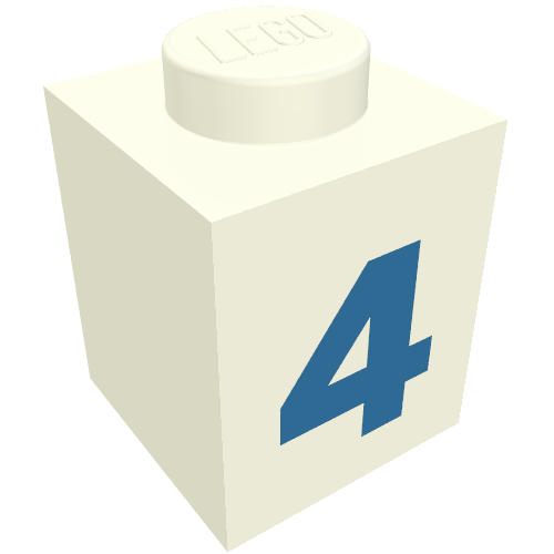 Lego Brick 1 x 1 with Blue '4' Print (Bold Font) / White