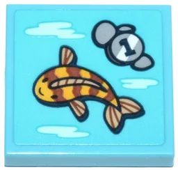 Tile 2 x 2 with Fish, Rocks and Coin with Number 1 Pattern (Sticker) - Set 42670 / Medium Azure
