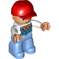 Duplo Figure with Cap Red, with White Shirt and Orange Bandana (Scarf) under Blue Coveralls - Medium Blue Legs / White
