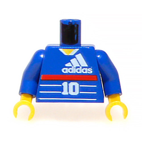 Lego Torso Soccer Jersey with Adidas Logo, Red Stripe, '10' / Zidane on Back Print, Blue Arms, Yellow Hands / Blue