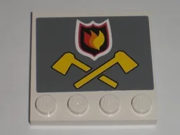 Tile, Modified 4 x 4 with Studs on Edge with Fire Logo Badge and Crossed Yellow Axes on Dark Bluish Gray Background Pattern (Sticker) - Set 7208