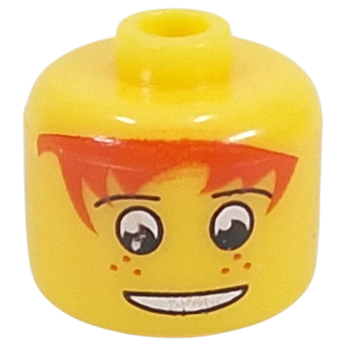 Lego Pen Bead, Round Large, Curved Edges / Cylinder with Minifig Head with Red Hair, White Eyes, Freckles Print / Yellow