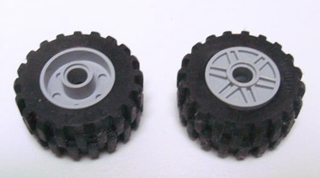 Lego Wheel 18mm D. x 14mm with Pin Hole, Fake Bolts and Shallow Spokes with Black Tire 30.4 x 14 Offset Tread (55981 / 30391)