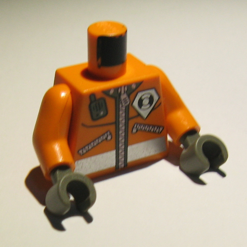 Lego Torso Jacket with Coast Guard Logo, Pockets, and Radio Print, Orange Arms, Dark Bluish Gray Hands / Orange