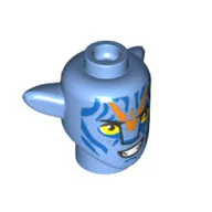 Minifig Head Special Alien Na'vi with Yellow Eyes, Blue/Orange Markings, Angry Print / Medium Blue