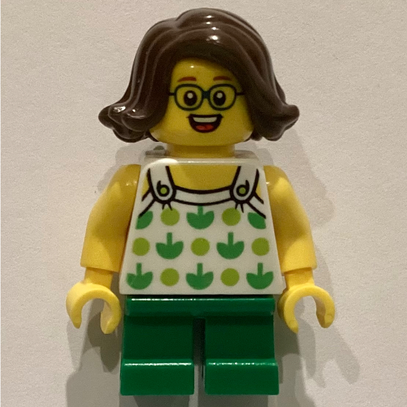 Lego Kid - White Torso, Green Legs, Dark Brown Hair
