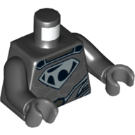 Lego Torso Shirt with Muscles, Tor-An Silver Chest Emblem and Oval Belt Buckle Print, Black Arms, Dark Bluish Gray Hands / Black