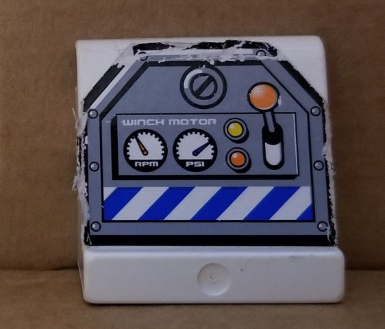 Lego Duplo Panel 1 x 2 x 1 2/3 Sloped with 3 Embossed Gauges with Lever, Buttons, 'WINCH MOTOR', 'RPM' and 'PSI' Gauges Pattern (Sticker) - Set 7844