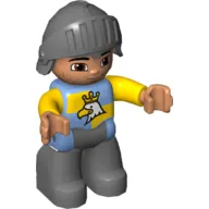 Duplo Figure with Knight Helmet, with Dark Bluish Gray Legs, Blue and Yellow Chest with Crowned Eagle / Medium Blue