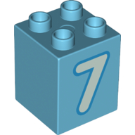 Lego Duplo Brick 2 x 2 x 2 with Light Aqua '7' Print / Medium Azure