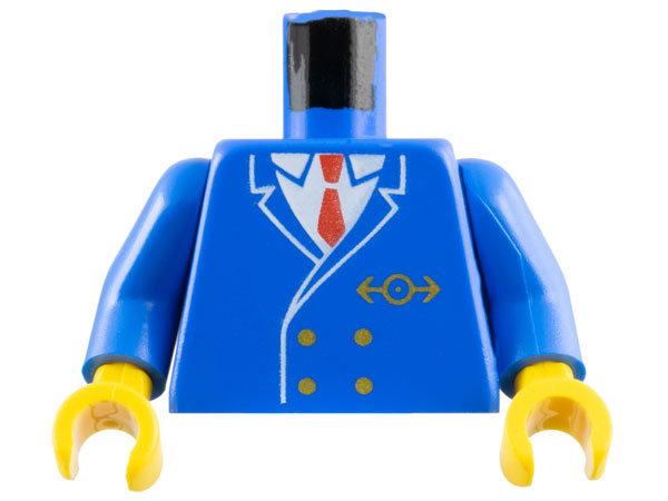 Lego Torso Train Uniform Jacket with Gold Buttons and Logo over White Shirt, Red Tie Pattern / Blue Arms / Yellow Hands