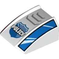 Brick Curved 2 x 2 with Lip, No Studs with 'POLICE', Badge, Grille and Red and Blue Sides Pattern / White