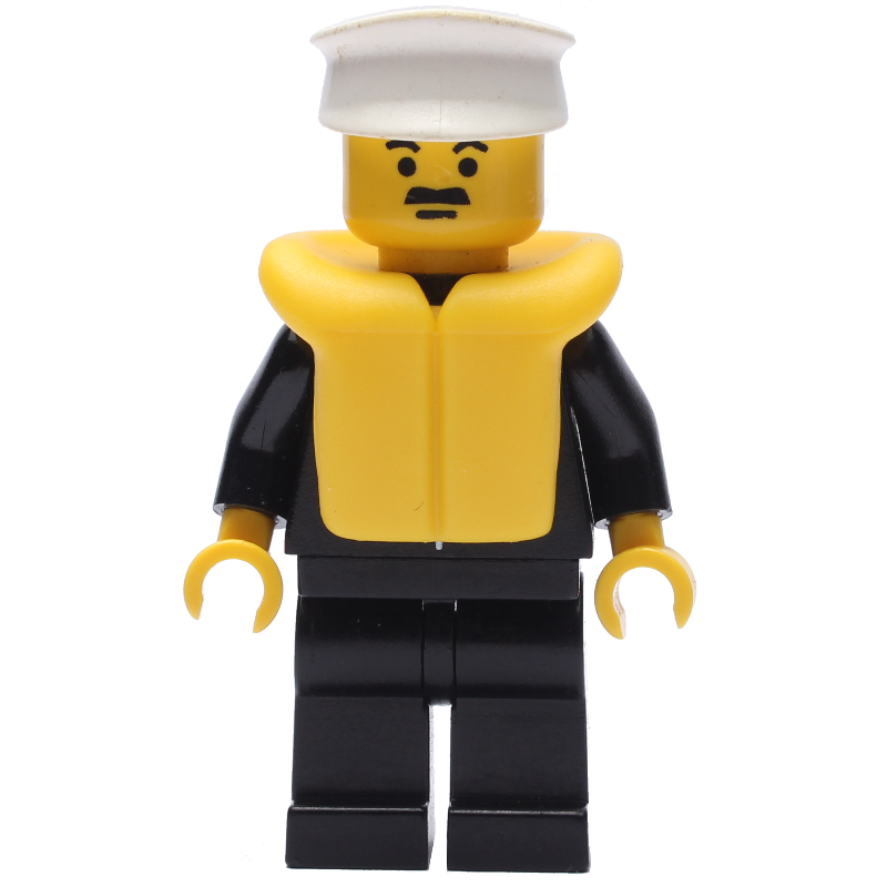 Lego Policeman, Black Suit with Tie and Badge, White Hat, Yellow Life Vest, Moustache