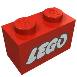 Brick 1 x 2 with LEGO Logo Open O White with Black Outline Print / Red