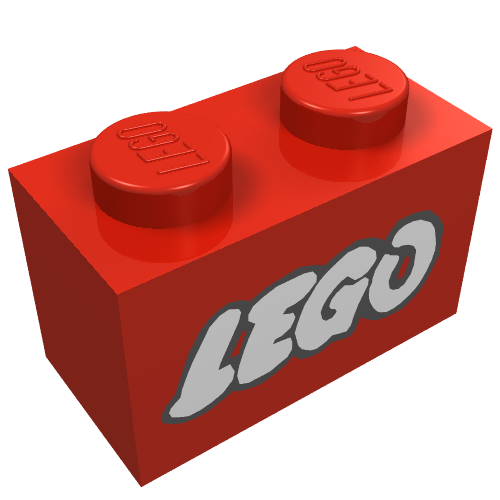 Lego Brick 1 x 2 with LEGO Logo Open O White with Black Outline Print / Red