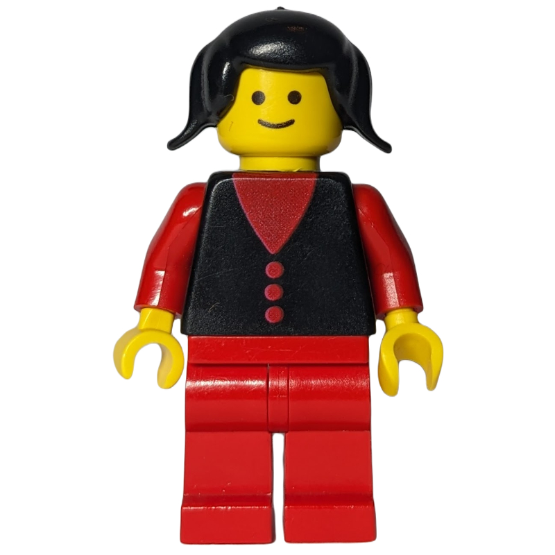 Lego Woman, Black Vest over Red Top, Red Legs, Black Hair