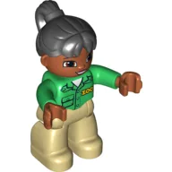 Duplo Figure with Ponytail Black, With Dark Orange Face - Zoo Shirt / Green