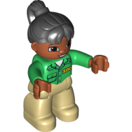 Lego Duplo Figure with Ponytail Black, With Dark Orange Face - Zoo Shirt / Green