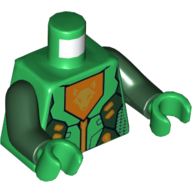 Lego Torso Armor with Orange and Gold Circuitry and Orange Emblem with Gold Wolf Head Print, Dark Green Arms, Green Hands / Green