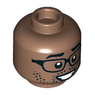 Lego Minifig Head, Black Glasses, Stubbled Beard, Big Smile/Small Smile print / Medium Brown