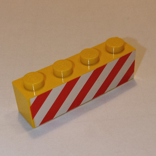 Lego Brick 1 x 4 with Red Danger Stripes on White Background Print / Yellow