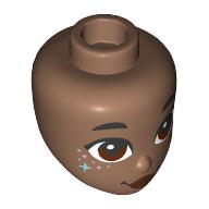 Lego Minidoll Head, Black Eyebrows, Reddish Brown Eyes, Dark Red Lips, Bright Pink Dots, Medium Azure Stars. / Medium Brown