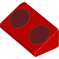 Lego Brick Sloped 30° 1 x 2 x 2/3 with 2 Dark Red Circles print / Red