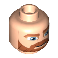 Lego Minifig Head Obi-Wan Kenobi, Beard Thick with Lines, Brown Eyebrows, Moustache, Large Blue Eyes, Smile / Angry Print / Light Nougat
