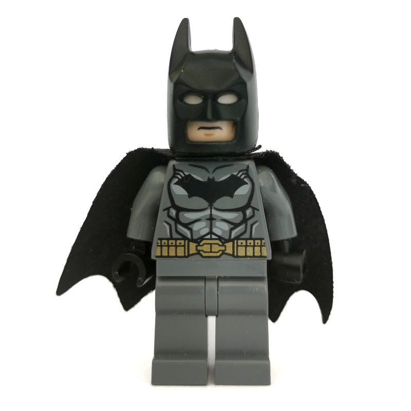 Lego Batman, Dark Bluish Gray Suit, Black Cape and Cowl, Light Nougat Head, Dark Bluish Gray Hips, Muscles Outline