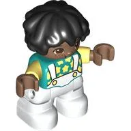 Duplo Figure Child with Short Wavy Hair Black, White Legs, Bright light Yellow Stars Print / Dark Turquoise