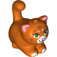 Lego Animal, Cat, Chubby with White Face, Paws, Green Eyes, Bright Pink Ears, Nose print / Reddish Orange