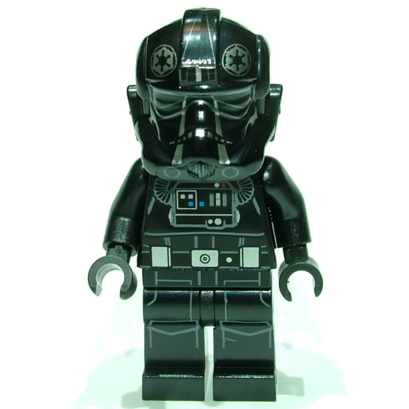 Lego TIE Pilot, Printed Legs, Two Silver Stripes on Helmet, Silver Belt Pouches, Closed Mouth