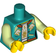 Lego Torso Jacket with Red and Gold Trim, White Horse Heads, Open over White Shirt with Gold Trim Print, Yellowish Green Arms, Yellow Hands / Dark Turquoise