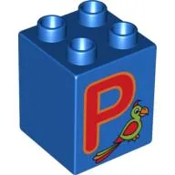 Duplo Brick 2 x 2 x 2 with 'P' and Parrot Print / Blue