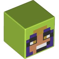Lego Minifig Head Special, Cube with Nougat Face, Dark Purple Lines, Dark Tan Eyes print / Lime