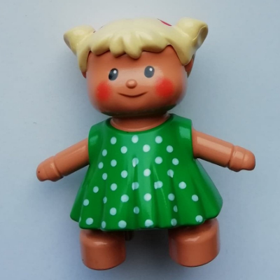 Lego Duplo Doll, Green Dress with White Polka Dots Print (Baby) / Nougat