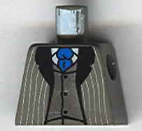 Torso Suit Jacket Open with Light Gray Pinstripes and Black Lapels over Silver Vest with Buttons and White Shirt, Blue Tie Pattern
