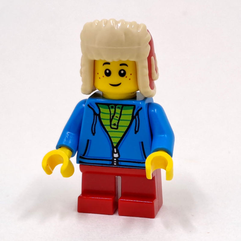 Lego Boy, Open Dark Azure Hoodie with Zipper, Short Red Legs, Red Ushanka Hat
