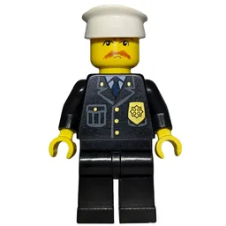 Policeman, Black Suit with Badge, White Hat, Mustache and Glasses