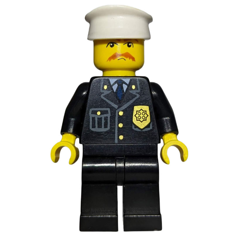 Lego Policeman, Black Suit with Badge, White Hat, Mustache and Glasses